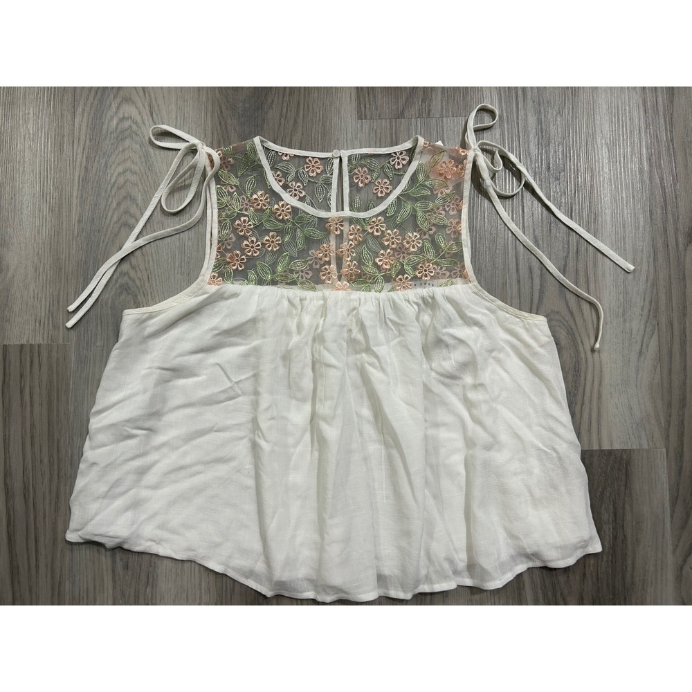 Endless Rose White Embroidered Floral Mesh Yoke Babydoll Top L Sleeveless Tie